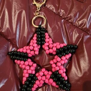 Pink and Black Beaded Star Keychain